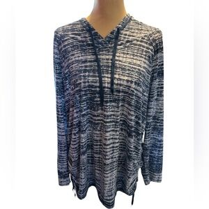 Gloria Vanderbilt Womens Blue White Striped Hoodie Ruched Drawstring Sides 1X.